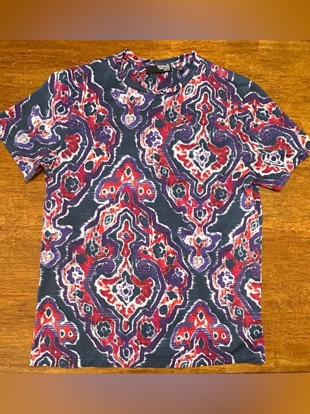 Murano Men's Navy Red Purple Patterned Short-Sleeve Shirt